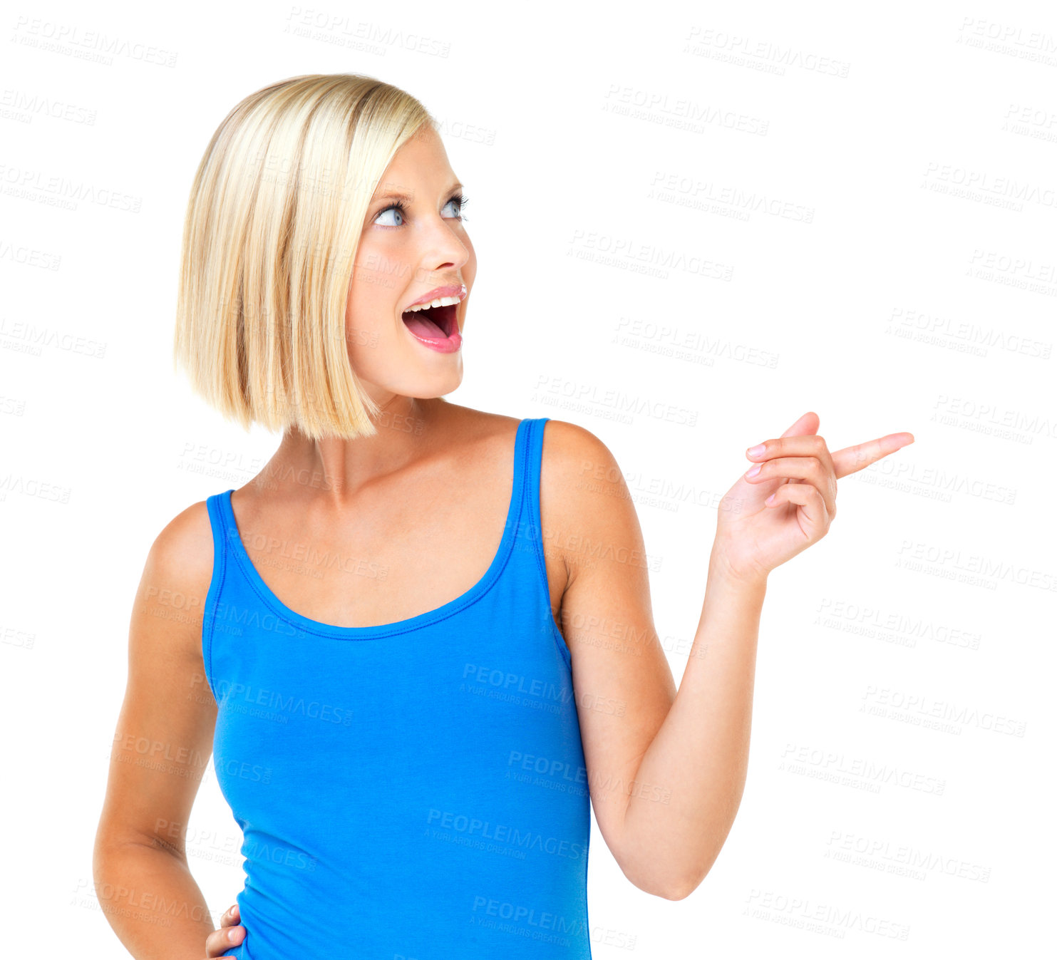 Buy stock photo Isolated, pointing and offer with woman and mockup for promotion, branding and advertising. Smile, deal and vision with face of customer on white background for presentation, choice and referral 