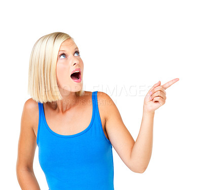 Buy stock photo Shocked woman and pointing for space, product placement and discount girl isolated on white studio background. Young female, lady and gesture for choice, sales and advertising for deal and surprised 