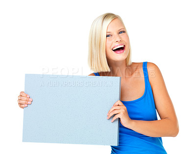 Buy stock photo Mockup, happy and deal for woman with a poster advertising, marketing and billboard for sale, logo or giveaway. Portrait of a female showing brand on a board isolated in a studio white background