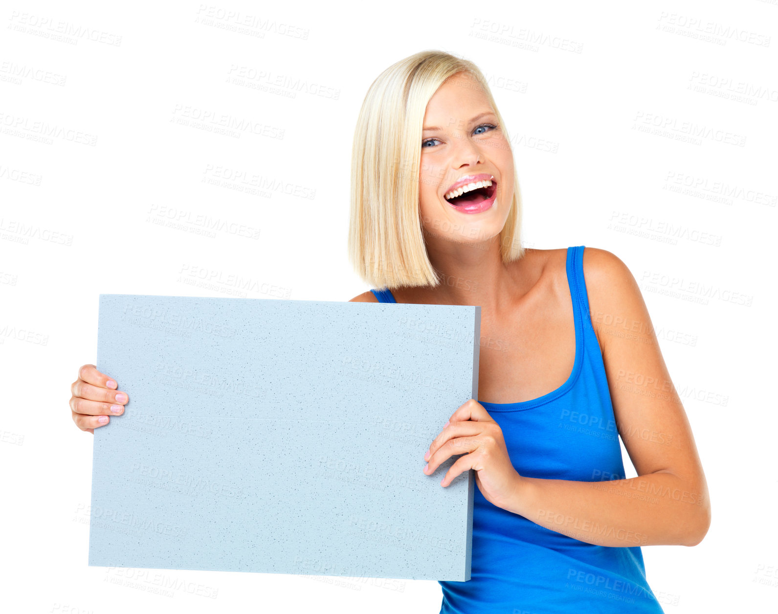 Buy stock photo Mockup, happy and deal for woman with a poster advertising, marketing and billboard for sale, logo or giveaway. Portrait of a female showing brand on a board isolated in a studio white background