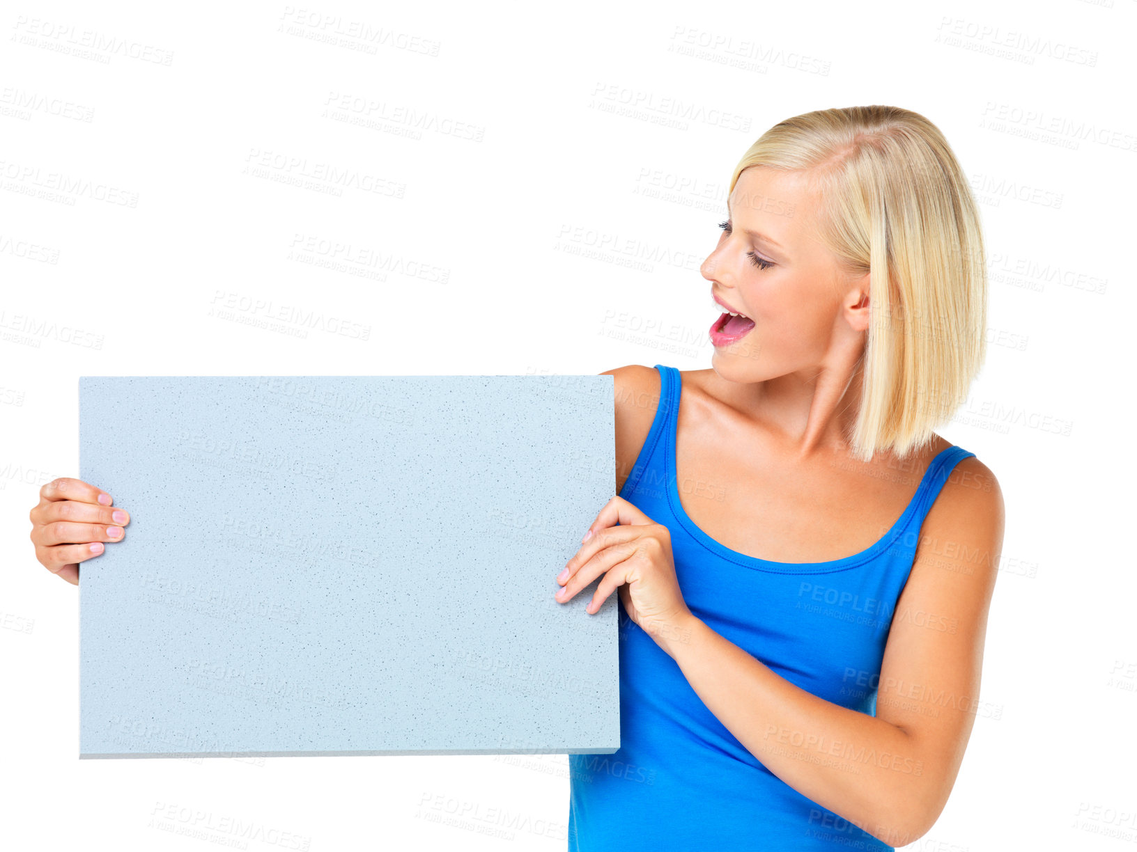 Buy stock photo Mockup, sale and woman looking at poster advertising, marketing and billboard for logo, deal or giveaway. Paper, blonde and female showing brand on a board isolated in a studio white background