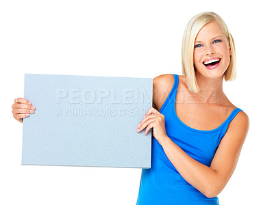 Buy stock photo Portrait, mockup and woman with poster, advertising space and product placement with lady isolated on white studio background. Face, female and girl with paper for communication and business message