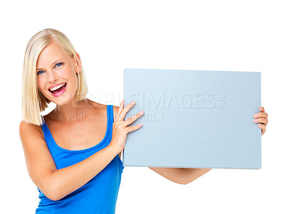Buy stock photo Mockup, deal and woman with a poster advertising, marketing and billboard for sale, deal or giveaway. Portrait, blonde and female showing brand on a board isolated in a studio white background