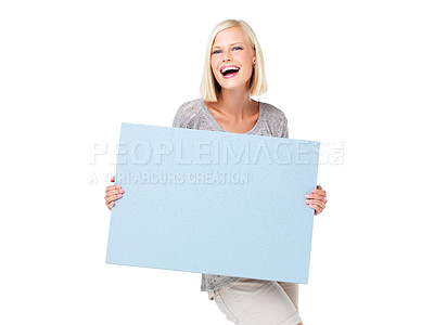 Buy stock photo Mockup, advertising and woman with a poster marketing, news and billboard for sale, deal or giveaway. Portrait, blonde and female showing brand on a board isolated in a studio white background