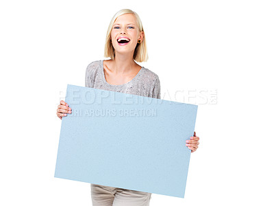 Buy stock photo Board, billboard and woman holding poster advertising, marketing and branding for sale, deal or giveaway. Portrait, blonde and female showing brand on mockup isolated in a studio white background