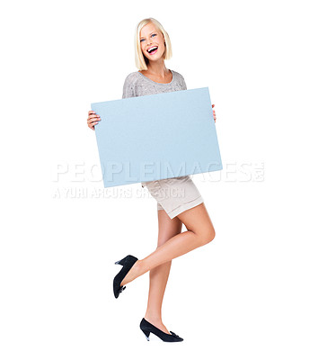 Buy stock photo Deal, poster and woman holding a board advertising, marketing and billboard for sale, mockup or giveaway. Portrait, blonde and female showing brand as branding isolated in a studio white background