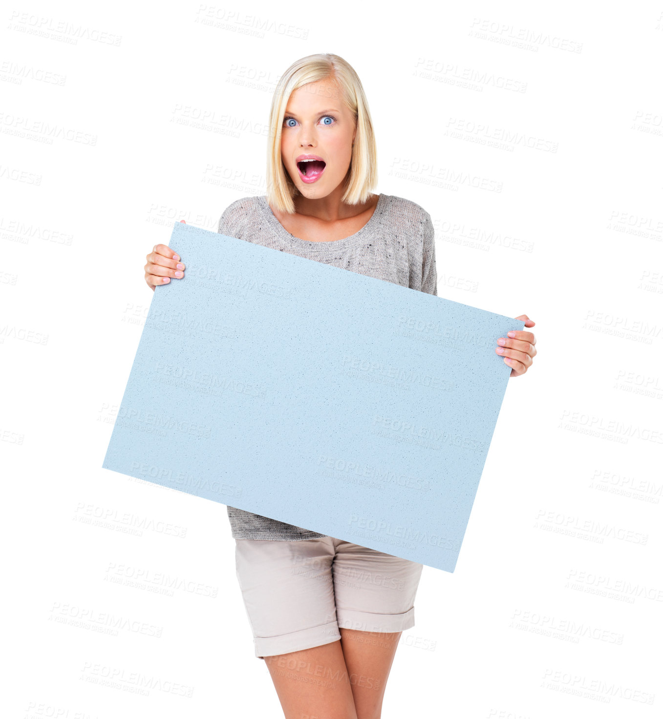 Buy stock photo Wow, portrait and woman with poster for mockup, marketing or advertising space in studio isolated on a white background. Product placement, surprise and female with banner for mock up or promotion.
