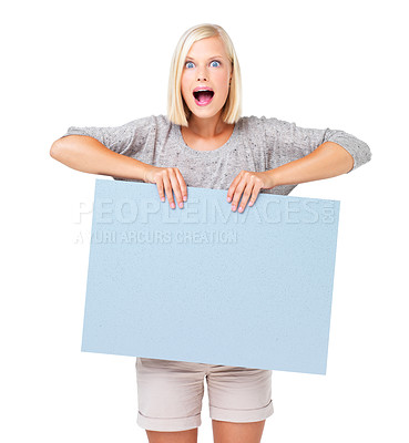 Buy stock photo Mockup, shock and surprise on woman with a poster advertising, marketing and billboard for sale, deal or giveaway. Portrait, blonde and female showing brand on a board isolated in a white studio