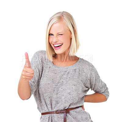 Buy stock photo Happy woman, portrait smile and thumbs up for good job, deal or well done isolated against a white studio background. Blond female standing and showing thumbsup hand gesture with wink for agreement