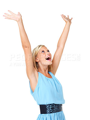 Buy stock photo Isolated, wow and winner with portrait of woman and mockup for celebration, motivation and success. Freedom, happy and goals with girl screaming in white background studio for party, confident or yes