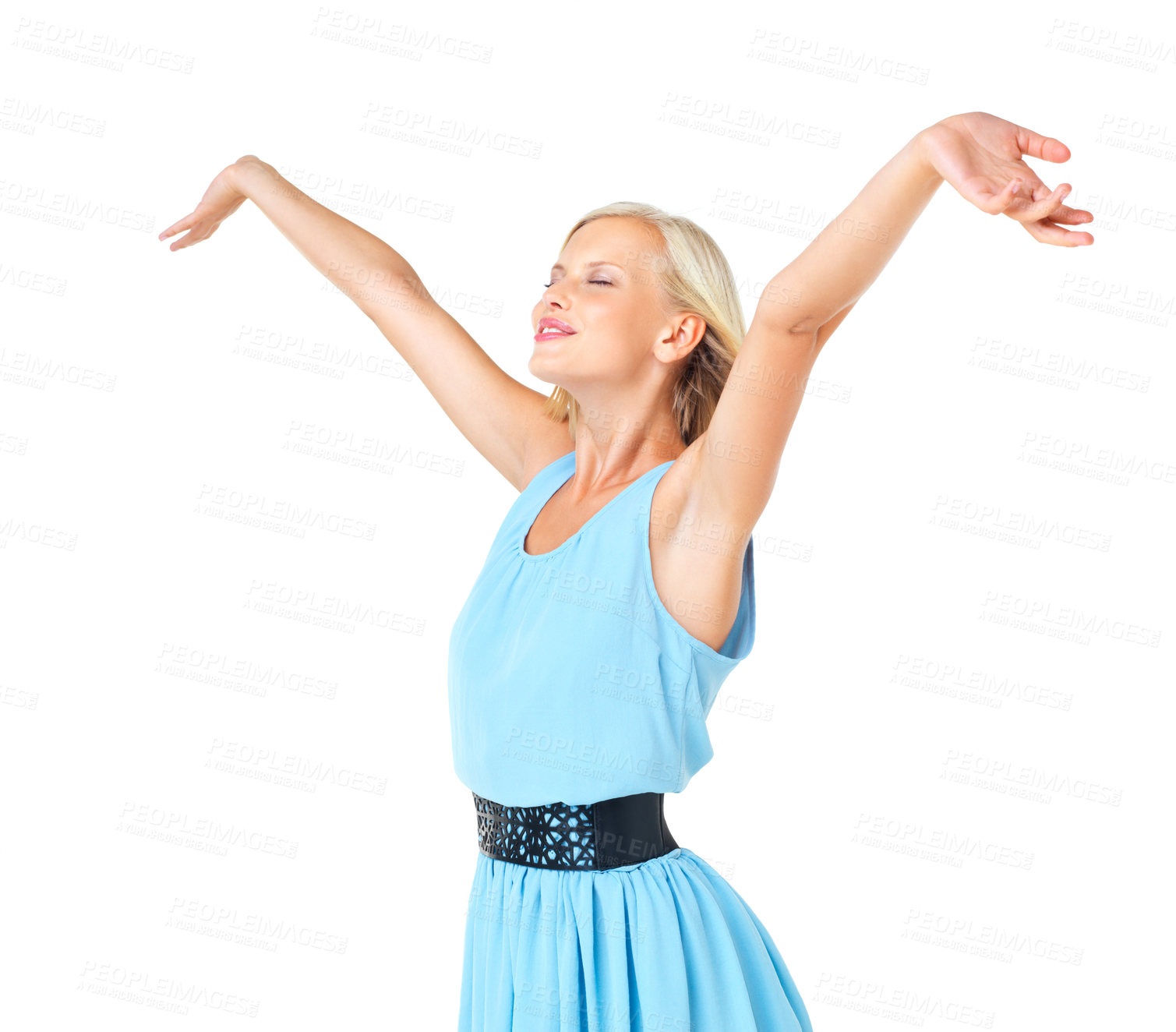 Buy stock photo Happiness, woman and opening arms for freedom, peace and happy with lady isolated on a white studio background. Young lady and girl carefree, calm and joyful with gesture for celebration and smile