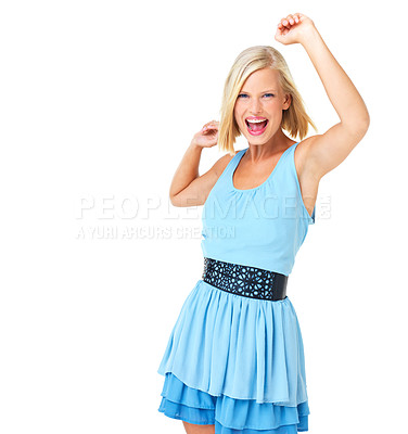 Buy stock photo Isolated, winner and dance with portrait fo woman and mockup for celebration, motivation and success. Freedom, happy and goals with girl dancing on white background studio for party, confident or yes
