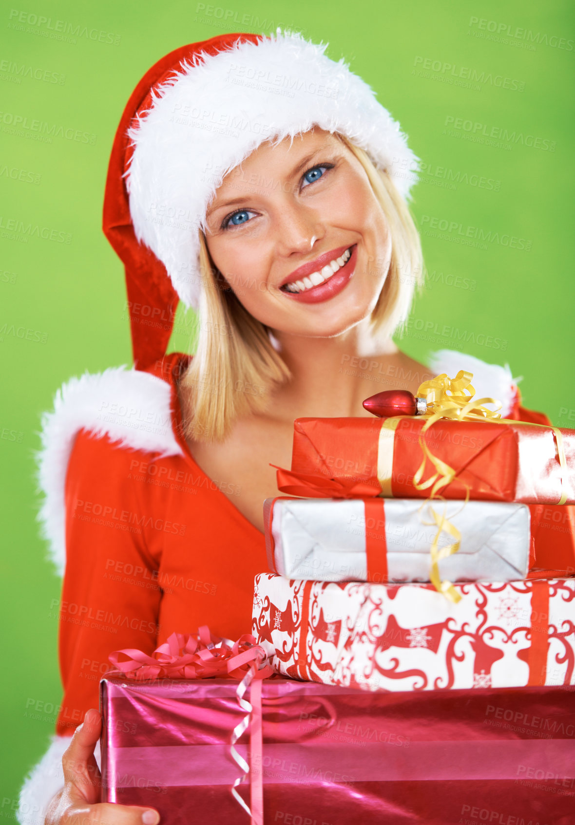 Buy stock photo Woman, Christmas and gift box smile in studio for celebration, happiness or festive season giving. Female person, red outfit and portrait or presents for holiday, winter break or vacation surprise