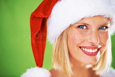 Buy stock photo Woman, face or christmas hat on green screen in holiday celebration, holiday event or festive party. Zoom, portrait or happy smile model and xmas on green mockup studio background or mock up backdrop