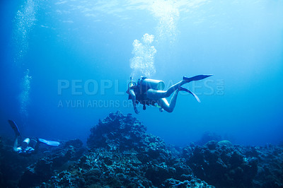 Buy stock photo Two scuba divers explore a rocky reef - Copyspace