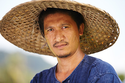 Buy stock photo Asian man, portrait and straw hat in farming, wheat or agriculture in outdoor nature. Closeup face of male person or Thai on farm in plantation, harvest or natural sustainability on countryside land
