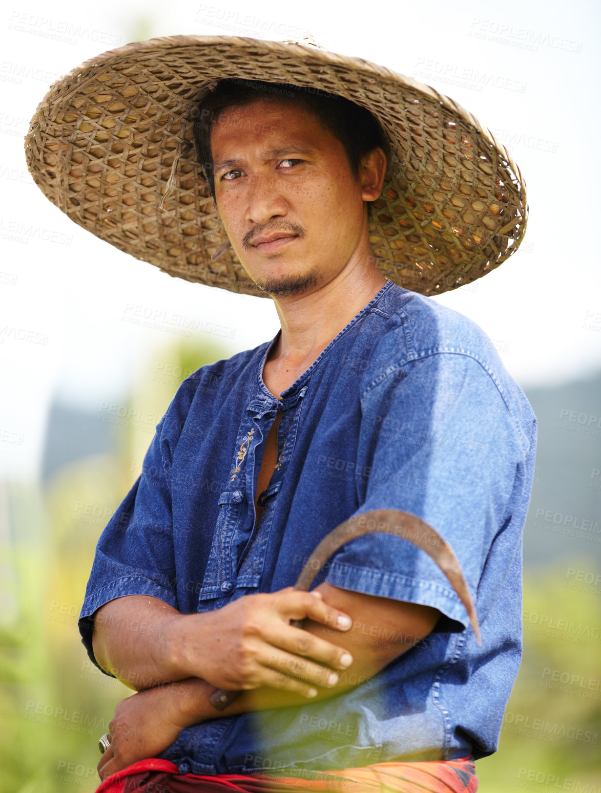 Buy stock photo Asian man, portrait and straw hat of farmer for agriculture, wheat or harvest on rice field in nature. Male person or Thai with arms crossed on farm for professional harvesting, crops or natural land