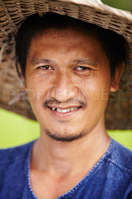 Buy stock photo Asian man, portrait and face with straw hat in farming, wheat or agriculture in outdoor nature. Closeup of male person or Thai smile on farm in plantation, happy or natural sustainability on land