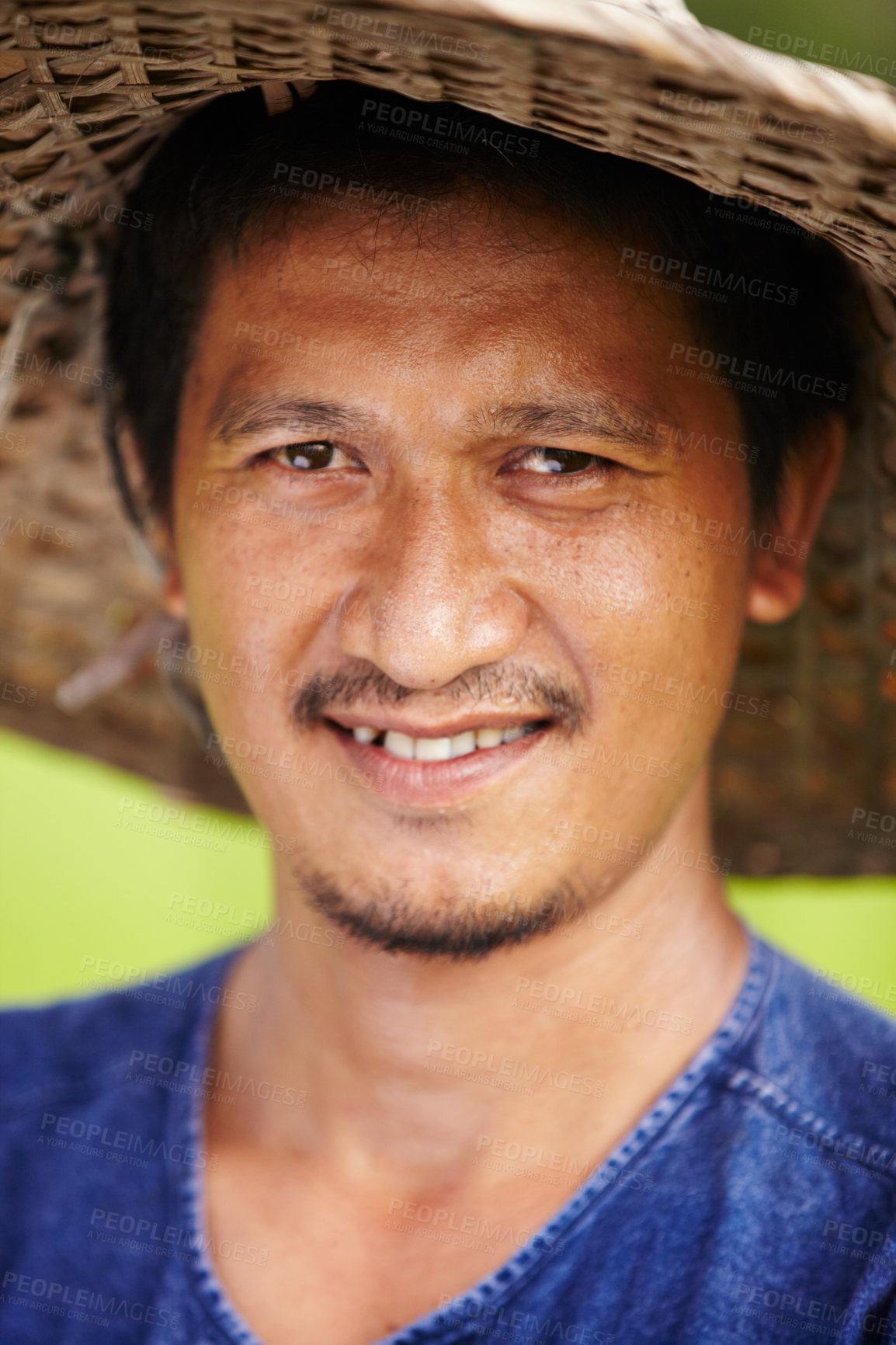 Buy stock photo Asian man, portrait and face with straw hat in farming, wheat or agriculture in outdoor nature. Closeup of male person or Thai smile on farm in plantation, happy or natural sustainability on land