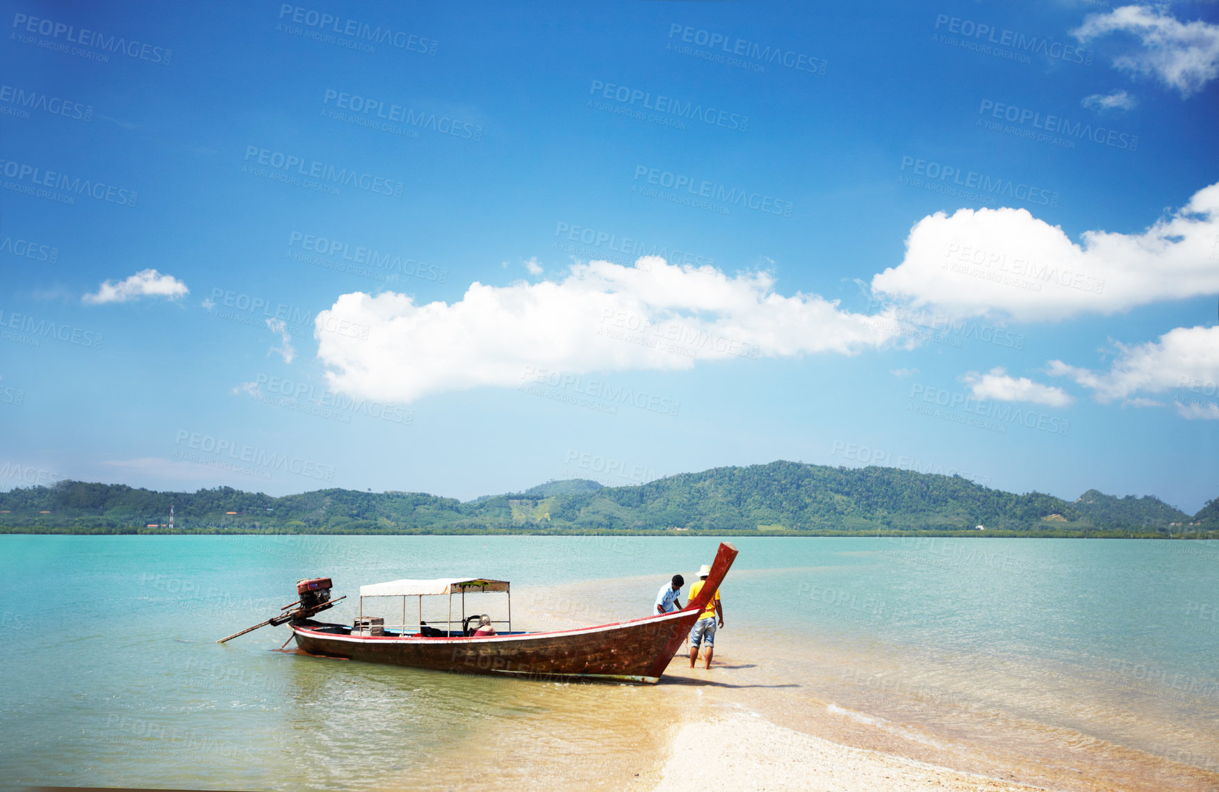 Buy stock photo Boat, transport and travel, beach and ocean with people and paradise, tropical island with nature and vacation. Holiday in Thailand with transportation, sea vessel for fishing and outdoor adventure