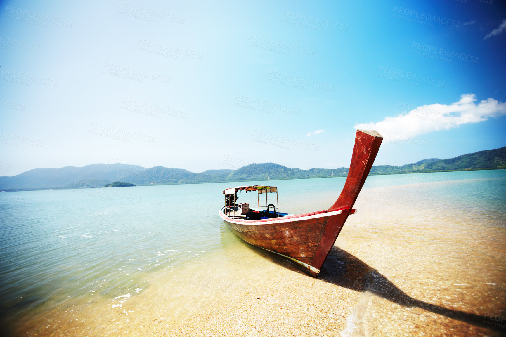 Buy stock photo Boat, transport and travel, beach and ocean with landscape and paradise, tropical island background with nature and vacation. Holiday in Thailand with transportation, sea vessel and outdoor adventure