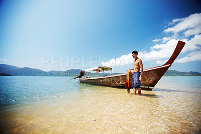 Buy stock photo Traditional Thai long tail boat on the beach - Thailand