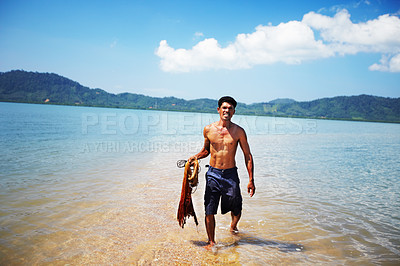 Buy stock photo Fisherman, ocean and man in portrait with net, nature and labor with fishing in Thailand and tropical location. Work, job and rope, sea worker in water to catch fish and beach with environment