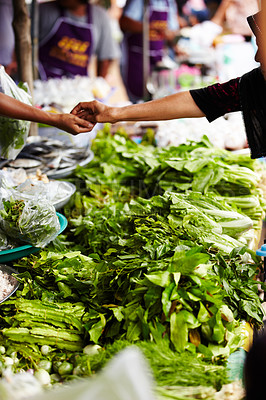 Buy stock photo Vegetables, market and hands for payment, shopping and customer cash at local food store or outdoor vendor. Seller, supplier or small business people, giving money and lettuce, green or asian herbs