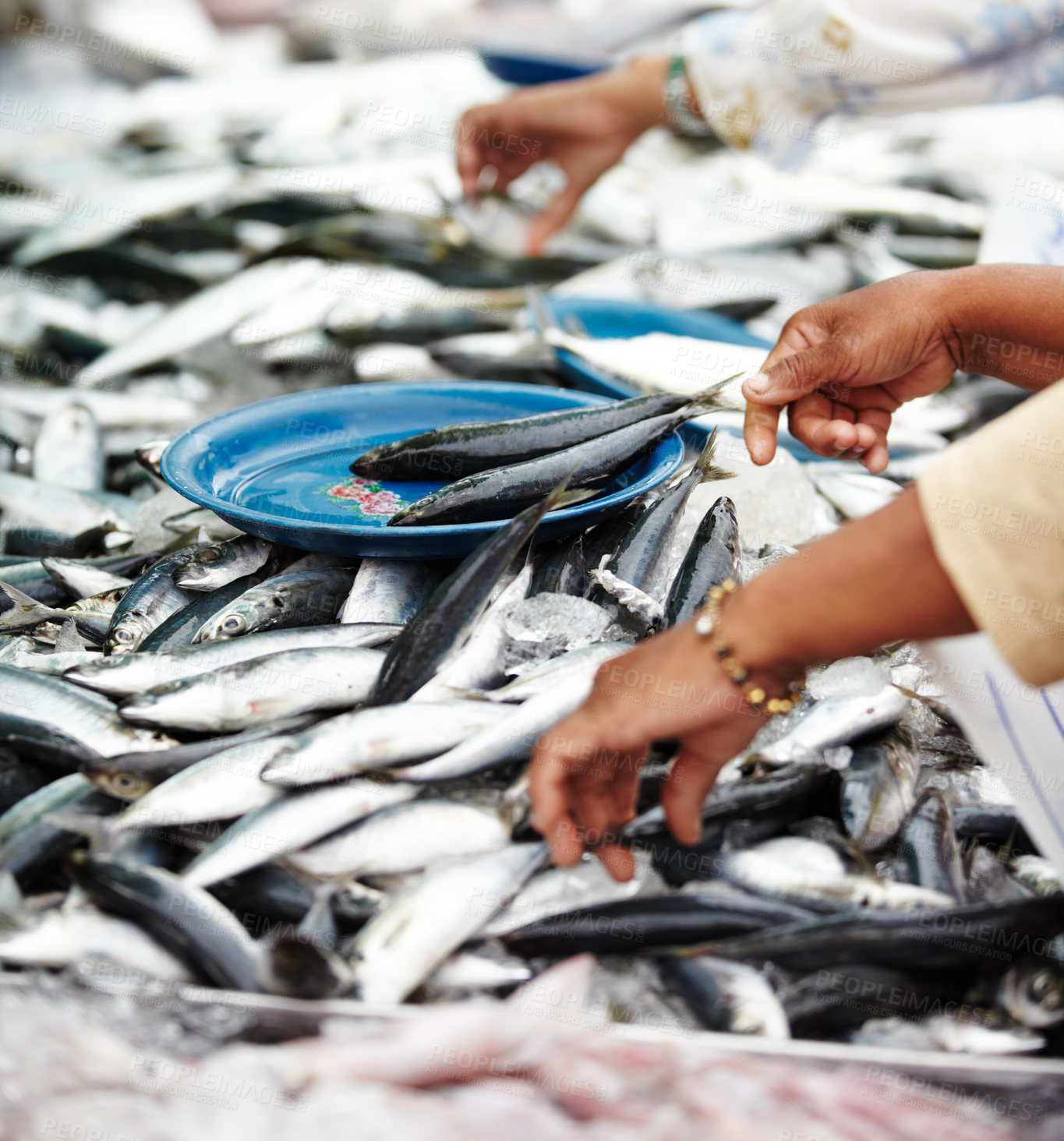 Buy stock photo Fish, trade and cuisine at a street market in Thailand for nutrition or local delicacy during travel closeup. Grill, food and seafood outdoor for purchase or experience of culture and tradition