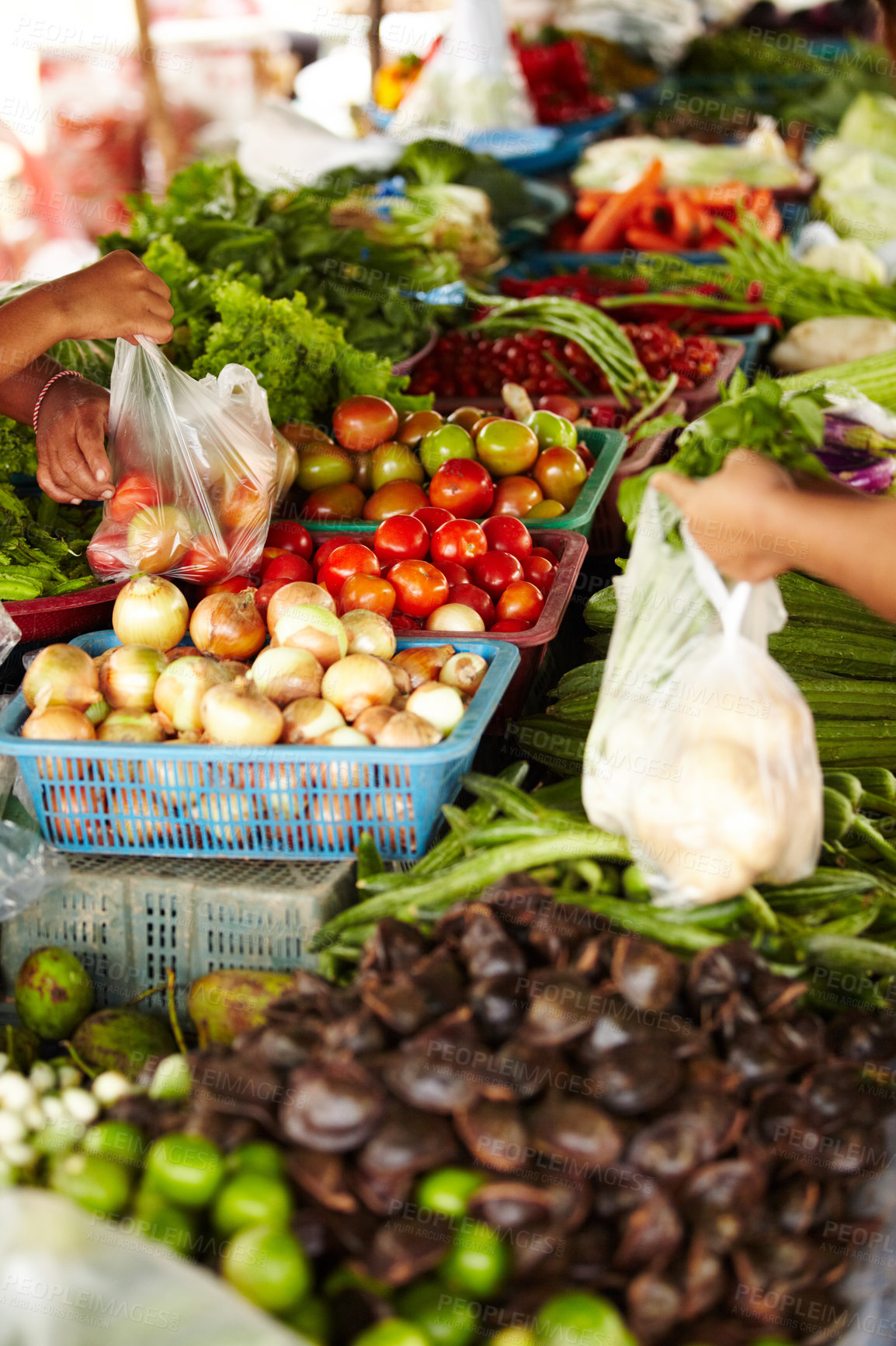 Buy stock photo Vegetables, local market and hands for shopping, trading goods and customer at food store or outdoor vendor. Seller, supplier or small business people with green product, garlic and sale for grocery