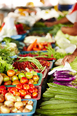 Buy stock photo Vegetables, market and food or hands for shopping with trader goods, sustainable store and vendor. Seller, people or small business table with tomato, onion and green stock for organic marketplace