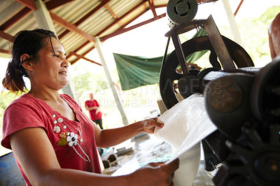 Buy stock photo Rubber, plantation and Asian woman with roller in workshop, factory and outdoor warehouse in nature. Manufacturing, production and person with machine for rolling sheet, plastic and material industry