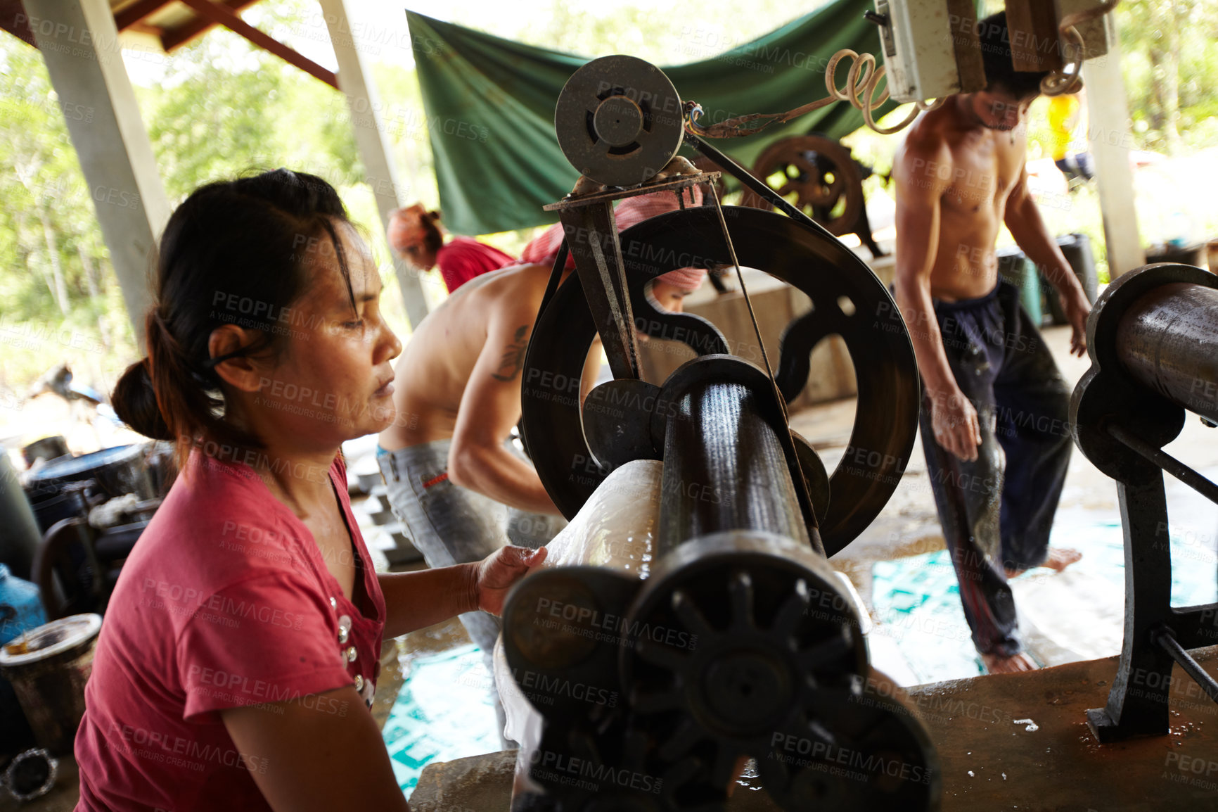 Buy stock photo Rubber, industry and Asian woman with roller in workshop, factory and outdoor warehouse in nature. Manufacturing, production and person with machine for rolling sheet, plastic and material products