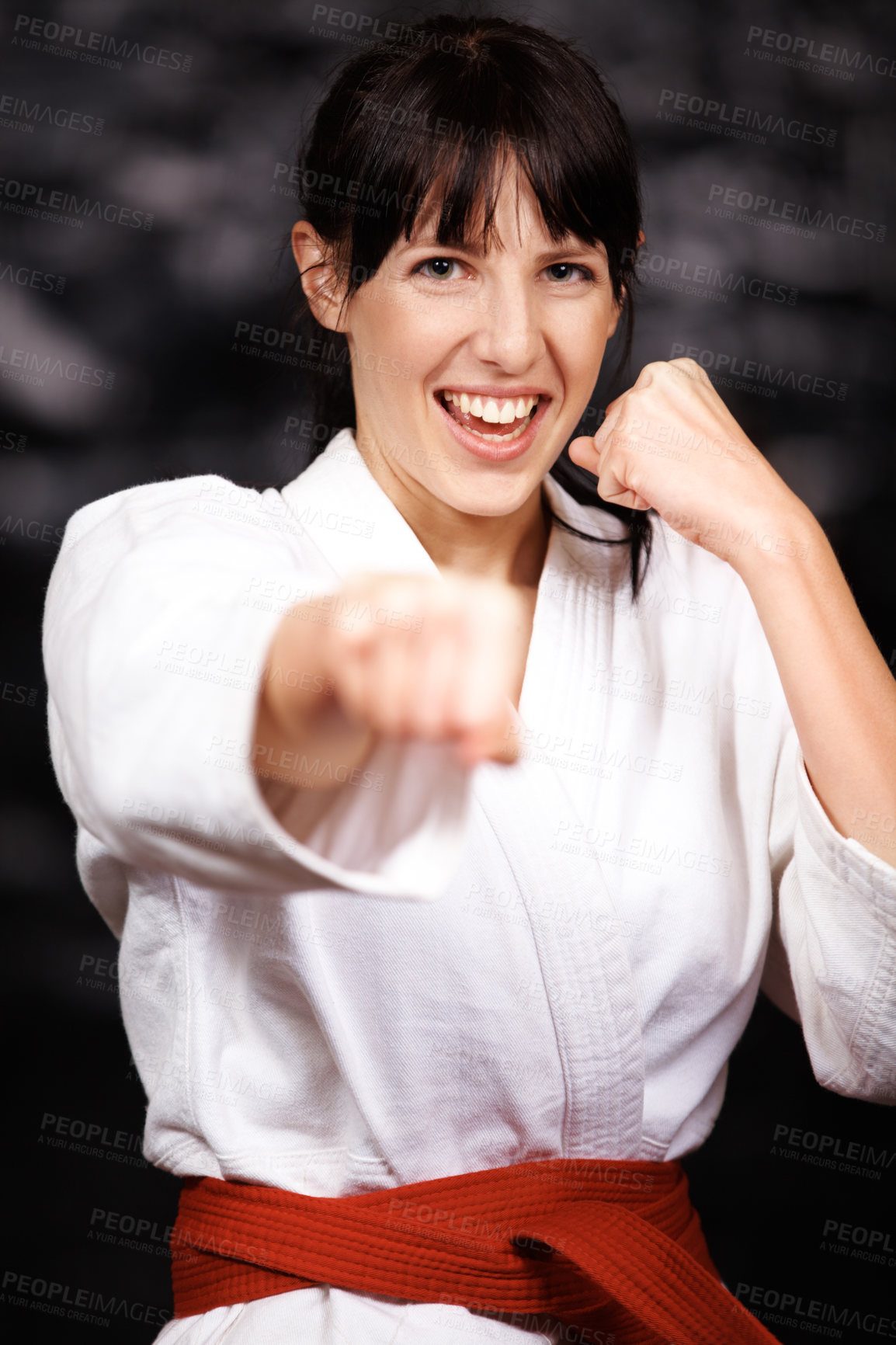Buy stock photo Woman, karate and punch in portrait, fight and self defense sport with muay thai and training. Athlete, combat and power with fitness, martial arts and energy with warrior, exercise and taekwondo