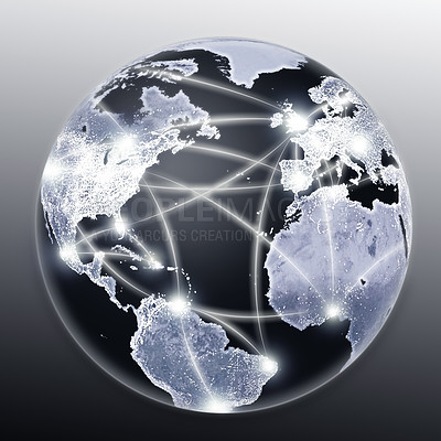 Buy stock photo Planet, earth and nodes for global communication, networking or data transfer against a studio background. Closeup of hologram, globe or graphic illustration of networks, cyber or internet speed