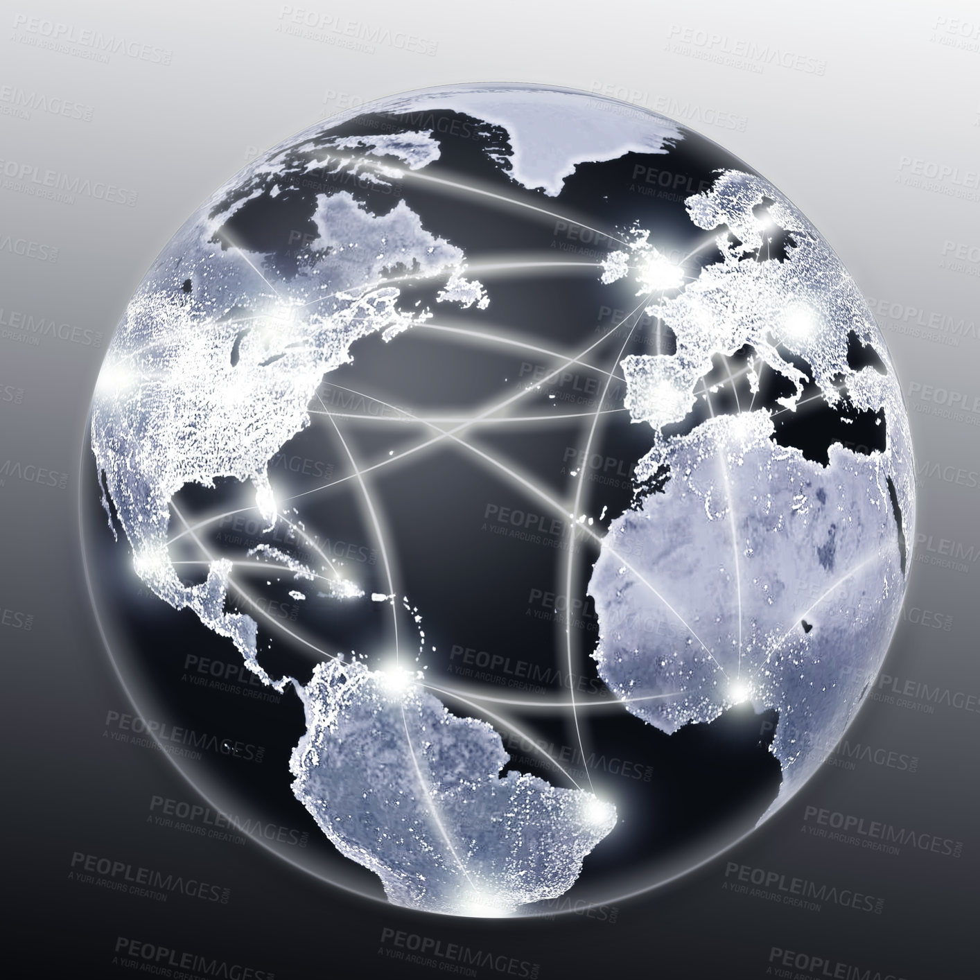 Buy stock photo Planet, earth and nodes for global communication, networking or data transfer against a studio background. Closeup of hologram, globe or graphic illustration of networks, cyber or internet speed