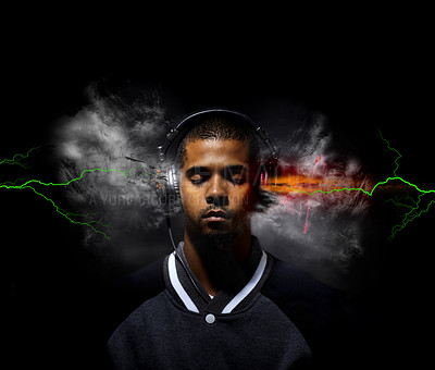 Buy stock photo Digitally enhanced image of a young man listening to music exploding from his head phones