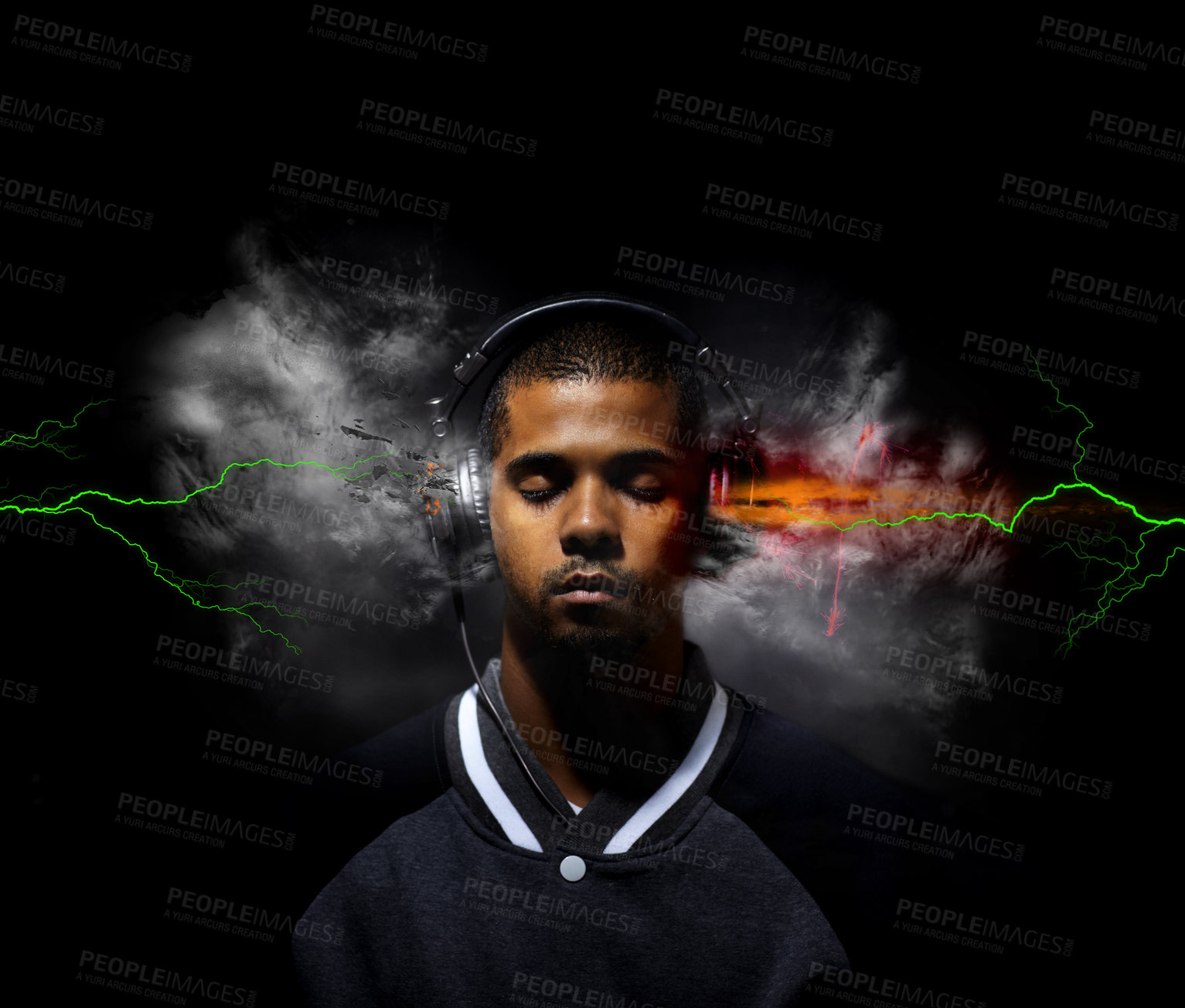 Buy stock photo Digitally enhanced image of a young man listening to music exploding from his head phones