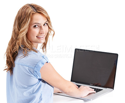 Buy stock photo Portrait, woman and laptop mockup on studio background for networking, digital marketing and seo research. Happy female model, computer typing and website analytics on technology with mock up screen
