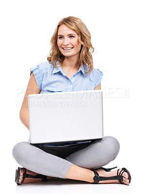 Buy stock photo Working, happy woman and laptop writing of a learning, networking and communications worker. Happiness, smile and contact us tech employee on the floor online freelancer typing with connectivity