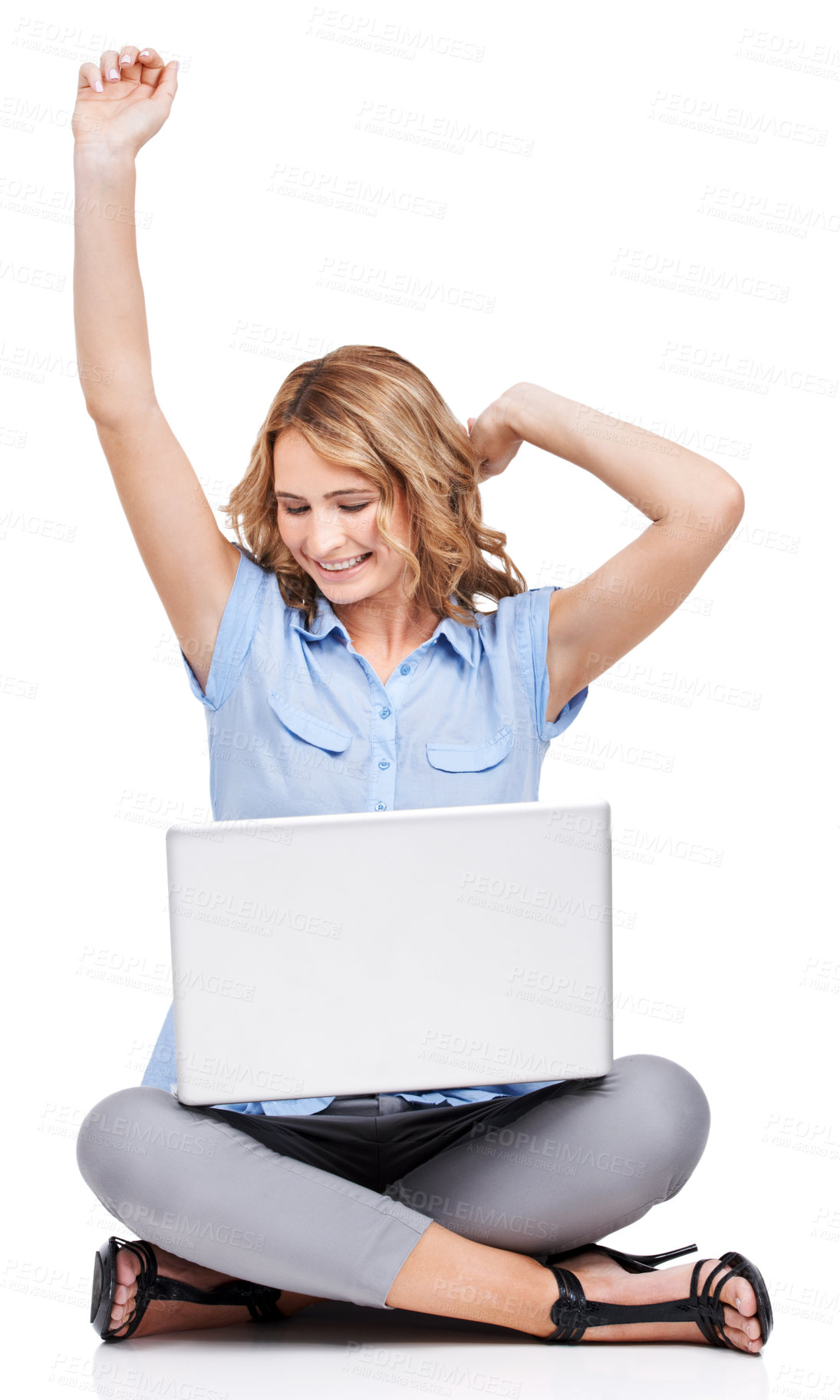 Buy stock photo Business, laptop and woman excited, celebration and employee isolated on white studio background. Consultant, female entrepreneur and lady with computer, winner and website launch for startup company