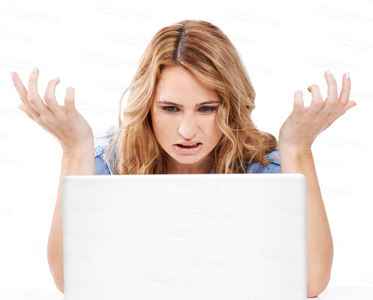 Buy stock photo Business, glitch and woman with laptop, stress and frustrated with slow internet, confused and on studio background. Female entrepreneur, boss or lady with computer, data breach or stock market crash