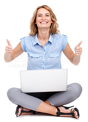 Buy stock photo Portrait, thumbs up and business woman on laptop in studio, happy for remote work on white background. Face, smile and winning hand sign by entrepreneur enjoying freelance, good news or goal success