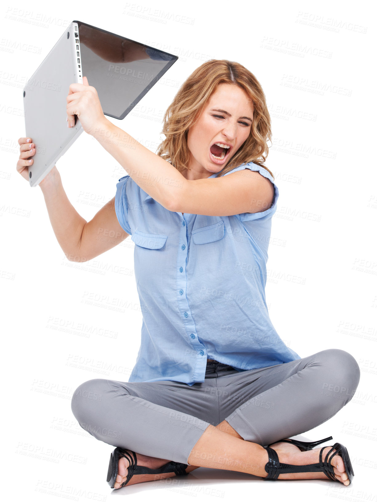 Buy stock photo Business, angry and woman breaking laptop, stress and frustrated employee isolated on white studio background. Glitch, smash computer or female worker with stress for error, mad or upset with burnout