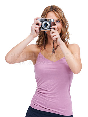 Buy stock photo Photography, camera and portrait of woman photographer taking a picture isolated in a studio white background. Vintage, retro and creative female person or professional shooting with focus and lens