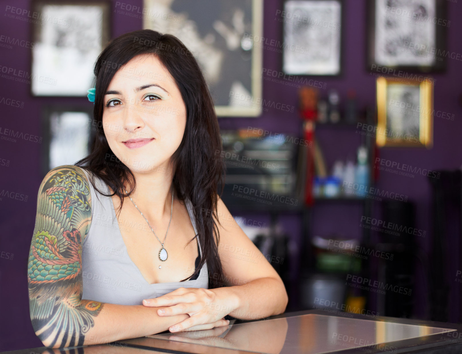 Buy stock photo Tattoos, portrait or woman with arm sleeve of art design, edgy or unique creative style in a shop. Identity, tattoo artist or cool female person with funky ink on skin for creativity or expression 