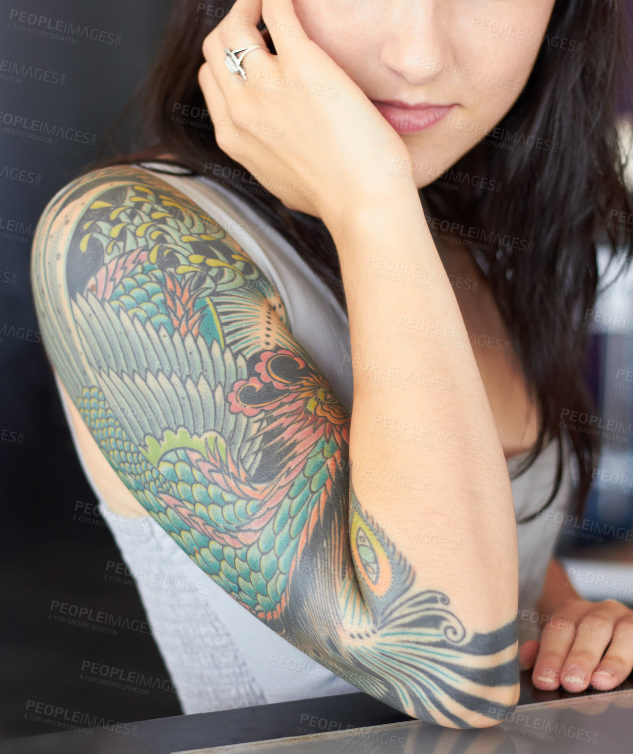 Buy stock photo Tattoo, punk and woman arm with art design and unique creative style isolated in a black background. Identity, graphic and artistic female person or artist with ink on her skin for creativity