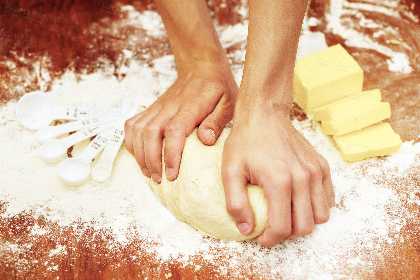 Buy stock photo Hands, dough and butter, bakery and flour with production, food and baker person in kitchen with ingredients. Bread, pastry or cookies with baking process, dessert or meal with catering and recipe