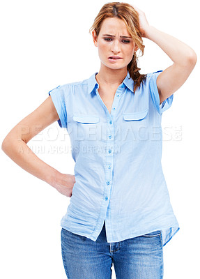 Buy stock photo Pretty young woman looking worried and confused