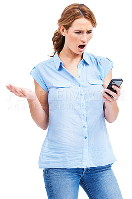 Buy stock photo Beautiful young woman looking shocked and offended by a rude text message